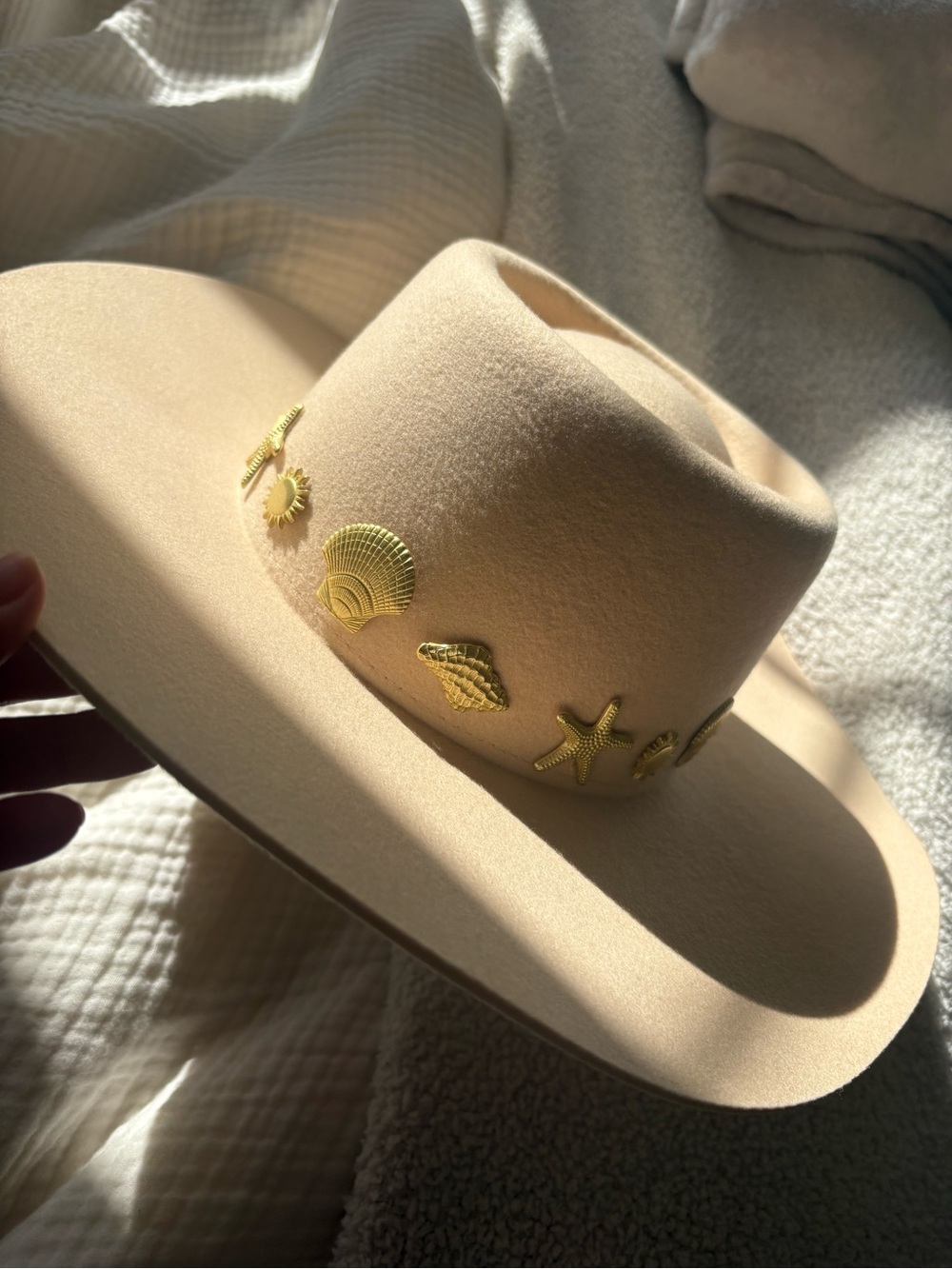 Lack of Color 100% Wool Wide-Brim Beach-Accent Felt Hat with Gold Shell Charms